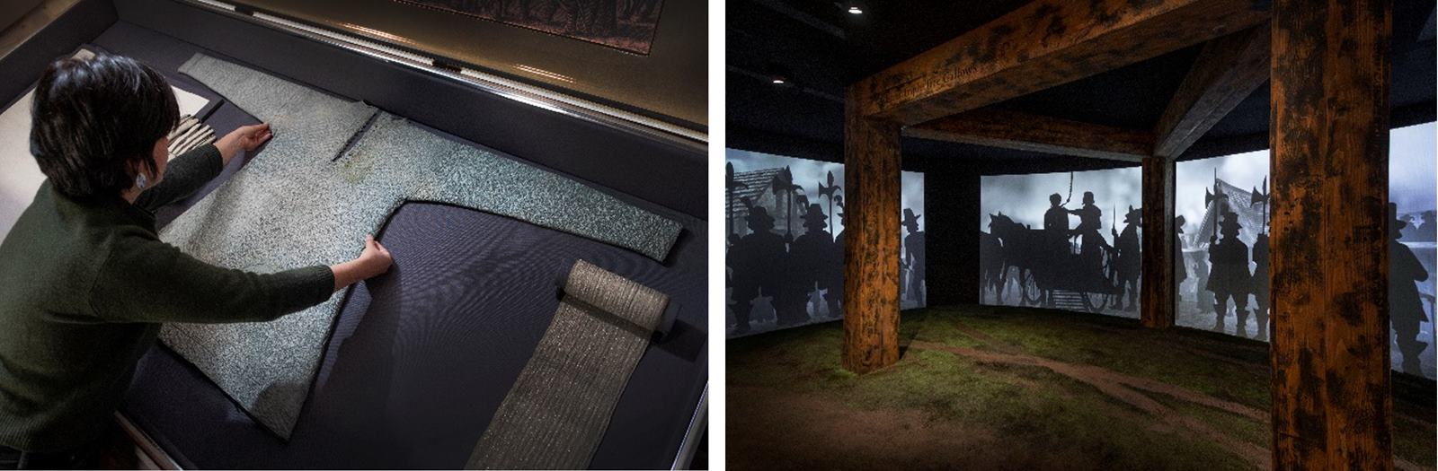 L-R Charles I vest goes on display at Museum of London Docklands; Tyburn tree centrepiece in Executions exhibition © Museum of London