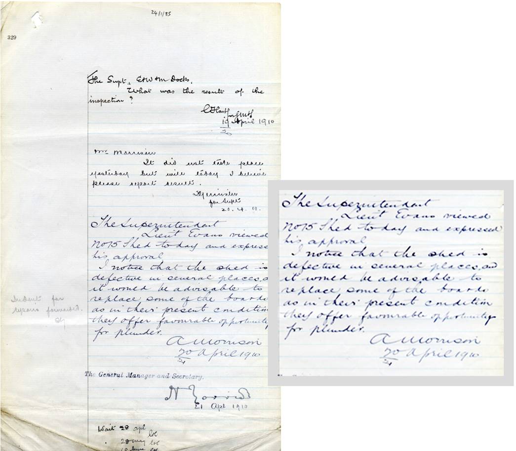 Ledger entry dated April 1910, featuring correspondence from A. Morrison to the Superintendent of the India and Millwall Docks. (ID no. LD 1972/24/1/85)