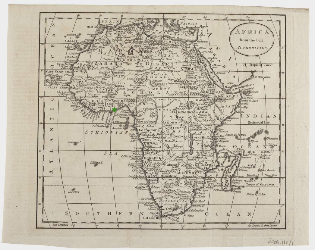 A map of Africa in 1790 with the approximate location of the Cape Coast slave fort marked.