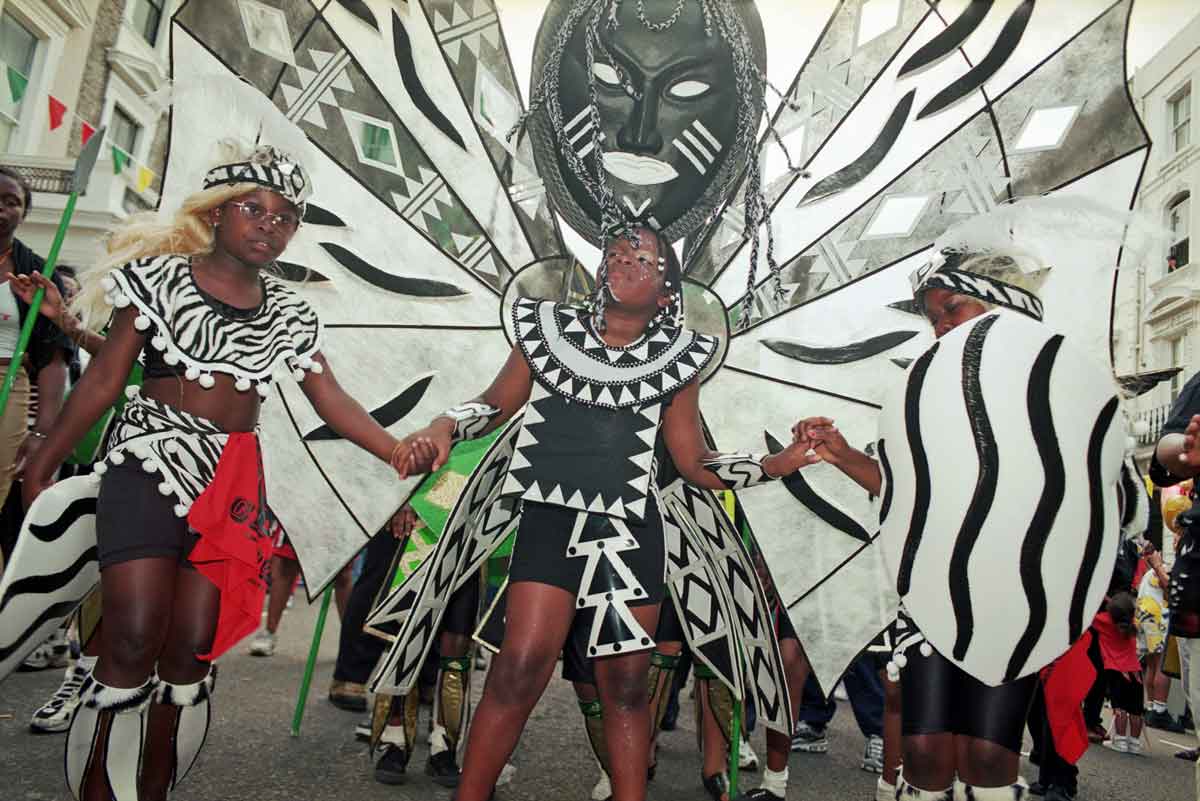 Participants in African inspired costumes at Notting Hill Carnival, 1997