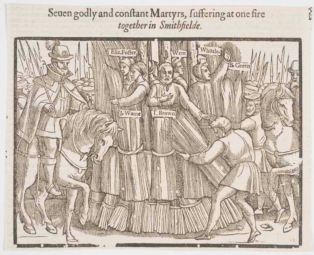 This woodcut print shows seven named martyrs, including at least one woman, shown chained to three stakes. (ID no.: 48.11/613)