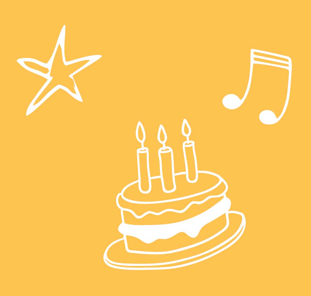 Illustrations of a star, a musical note and a birthday cake.