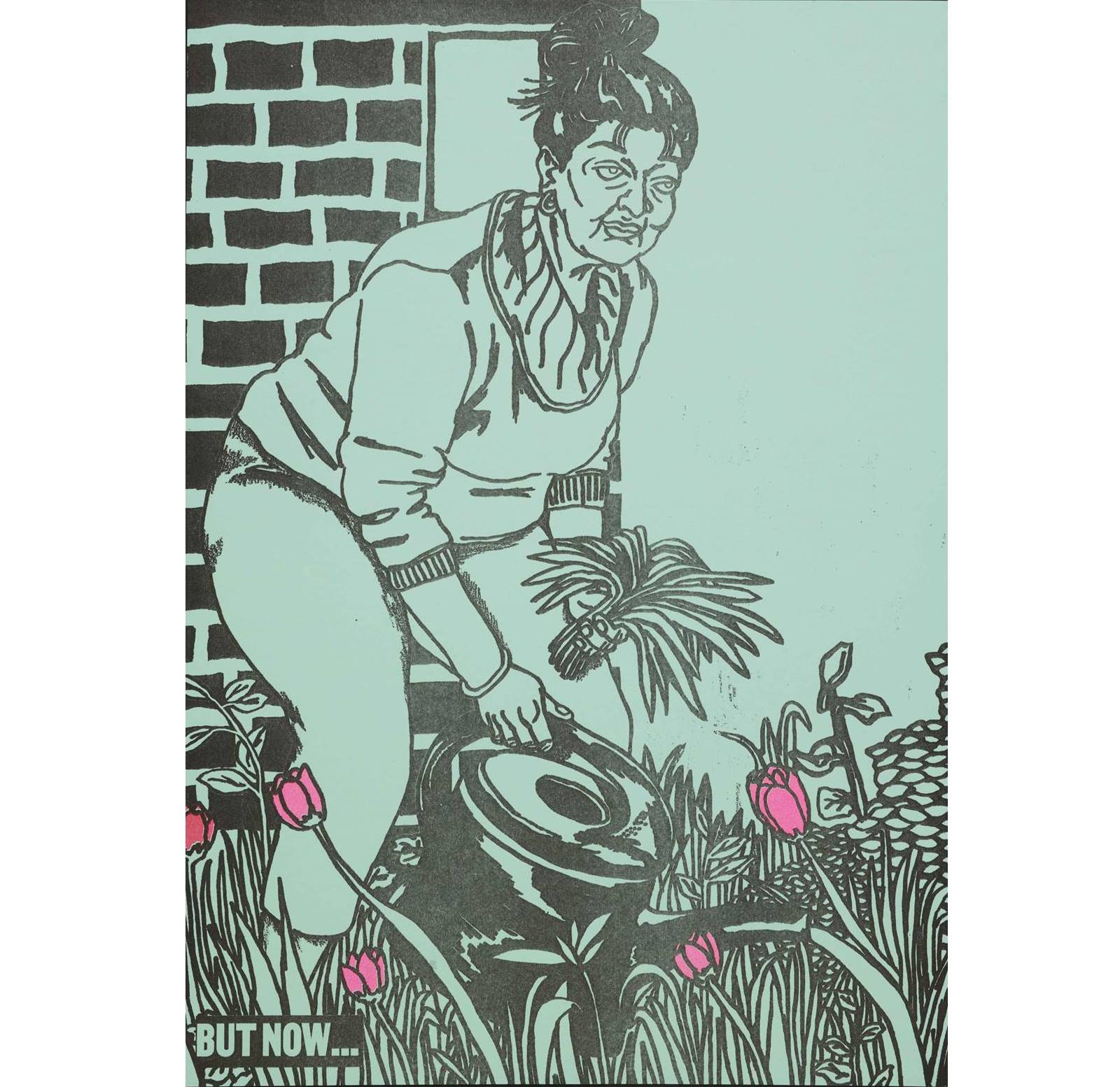 But now… (ID no.: 2021.236) The image shows a woman in a garden holding a watering can, with pink flowers growing around her and a brick wall of a house behind. It has a vibrant green background throughout.