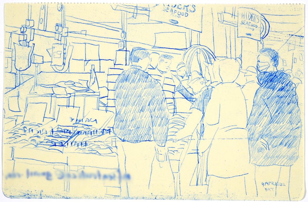 Billingsgate Market sketch by Pat Wingshan Wong: an illustrator and artist, who in 2019 began an art project at Billingsgate. (2023.11)