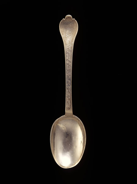 Souvenir silver spoon from the Frost Fair inscribed 'This was bought at the faire kept upon the Midle of ye Thames against ye Temple in the great frost on the 29 of January 1683/4'.
