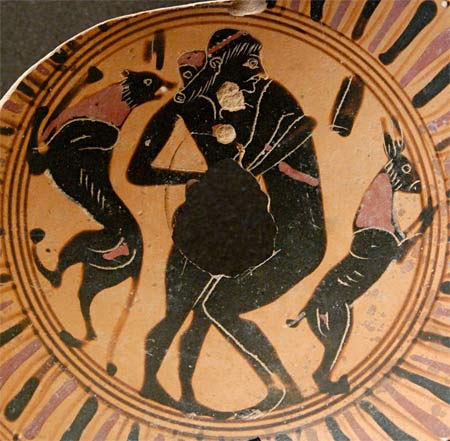 Pederastic erotic scene: intercrural sex between a teenager (on the left, with long hair) and a young man (on the right, with short hair). Fragment of a black-figure Attic cup, 550 BC–525 BC