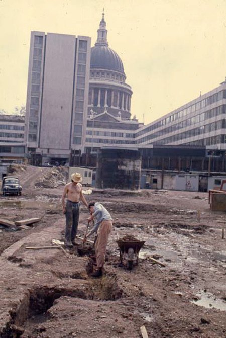 Two archaeologists at work on the former General Post Office site in 1975.