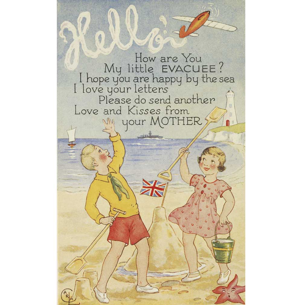 This postcard has a colour drawing of a boy and a girl, playing on the beach with the verse ' How are You My little Evacuee? I hope you are happy by the sea, I love your letters. Please do send another. Love and kisses from your Mother'.