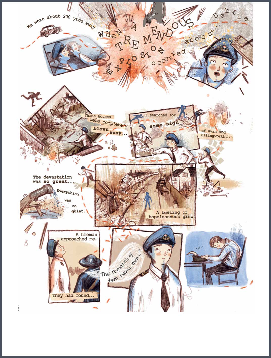 A single page excerpt from this illustrated story, including a drawing of a large explosion and shocked faces.