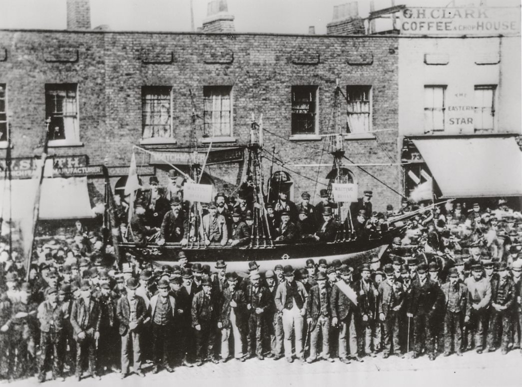 East India Dock Road during strike, 1889
Photograph of the East India Dock Road taken during the 1889 dock strike. The model ship was carried was carried on the protest marches. (ID no.: DK0682NG)
