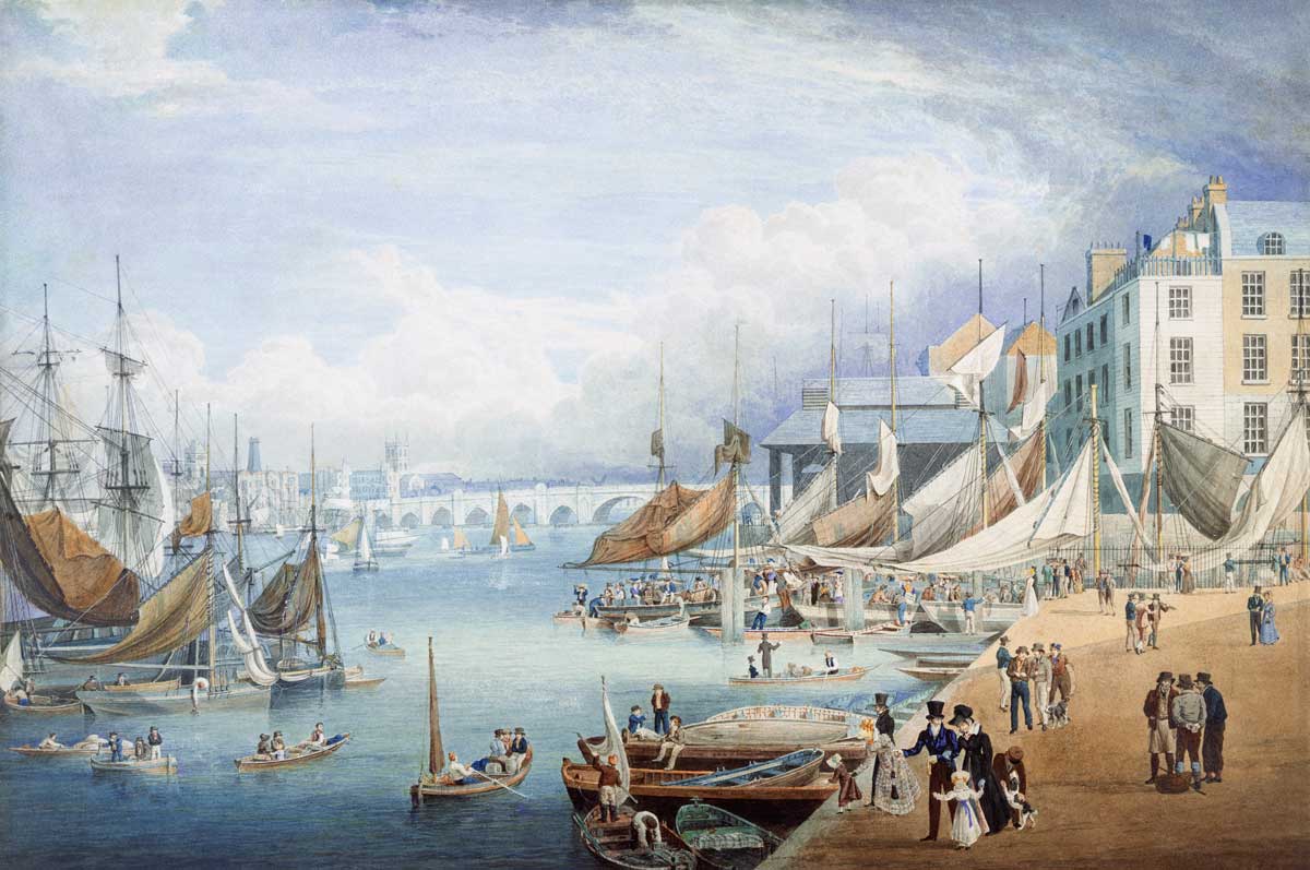 Painting of the bustling river Thames in daylight with rowing boats in the water and people promenading along the embankment. 