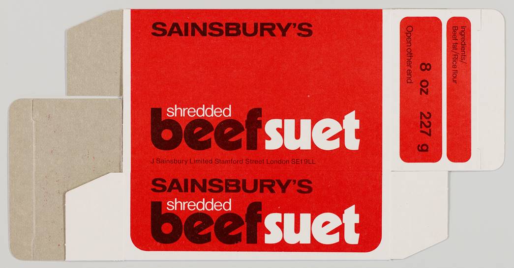 Sainsbury's Shredded Beef Suet (8 oz 227 g) packaging. (ID no.: SA/PKC/PRO/1/14/2/2/141/5)