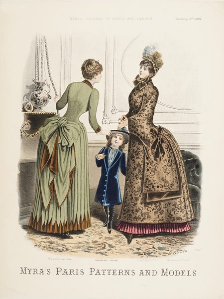 An 1884 fashion plate from Myra’s Journal of Dress and Fashion, showing off the latest dress style, including the bonnet. (ID no.: 64.8/136)