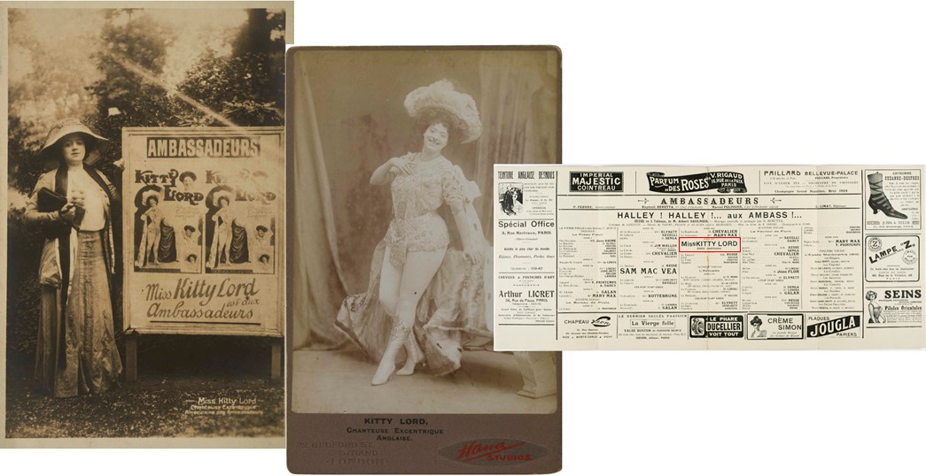 (from left) Kitty Lord next to her billboard in Paris, c.1910; a picture postcard by Hana Studios, c.1910-12; and the 1910 Ambassadeurs, Paris, programme featuring Lord. (ID nos: 2002.61/1; 2002.63/13; 71.142/11b)