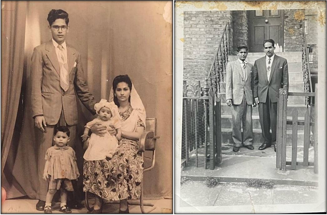 Jana’s grandfather Nazeer, (left) with his family before leaving Guyana in 1952; and then in London (on the left), around 1959. (Courtesy: Jana Ally)