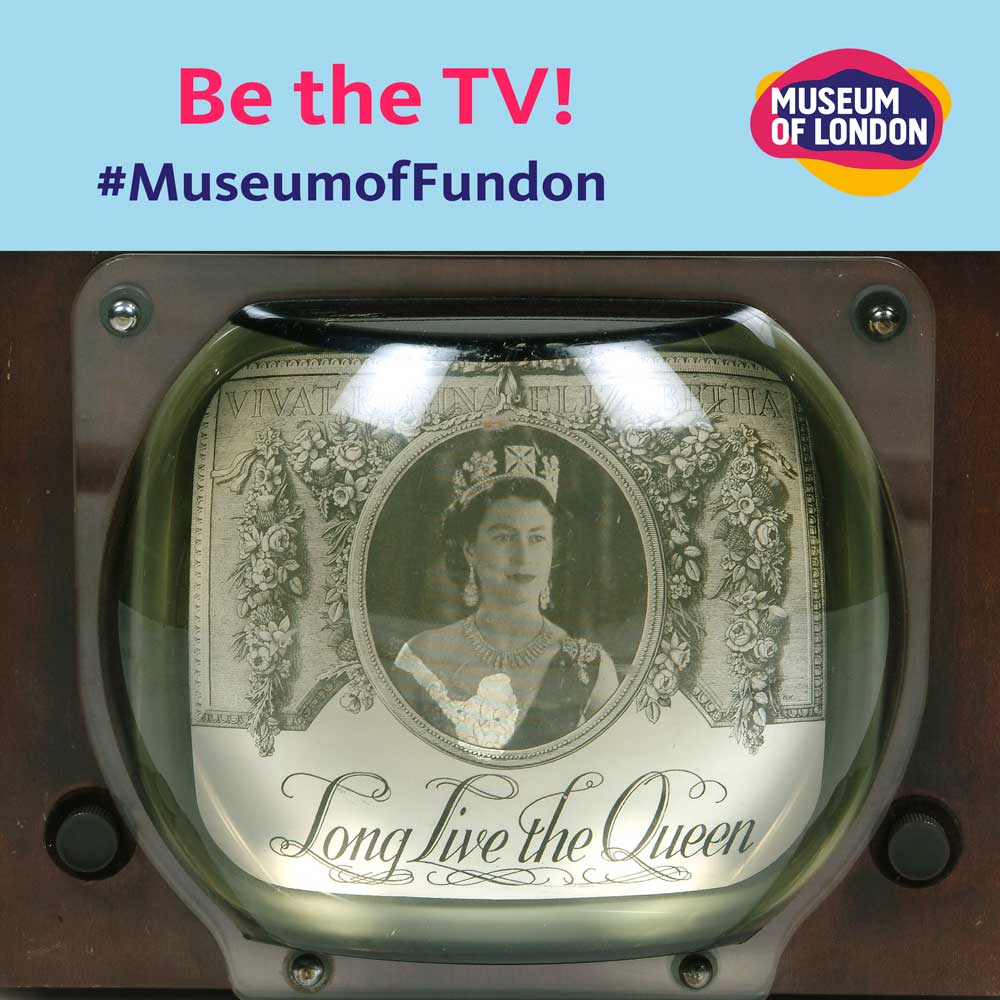 The title 'Be the TV!' appears above a close-up of a bubble-shaped TV screen showing an image from Queen Elizabeth II's coronation.