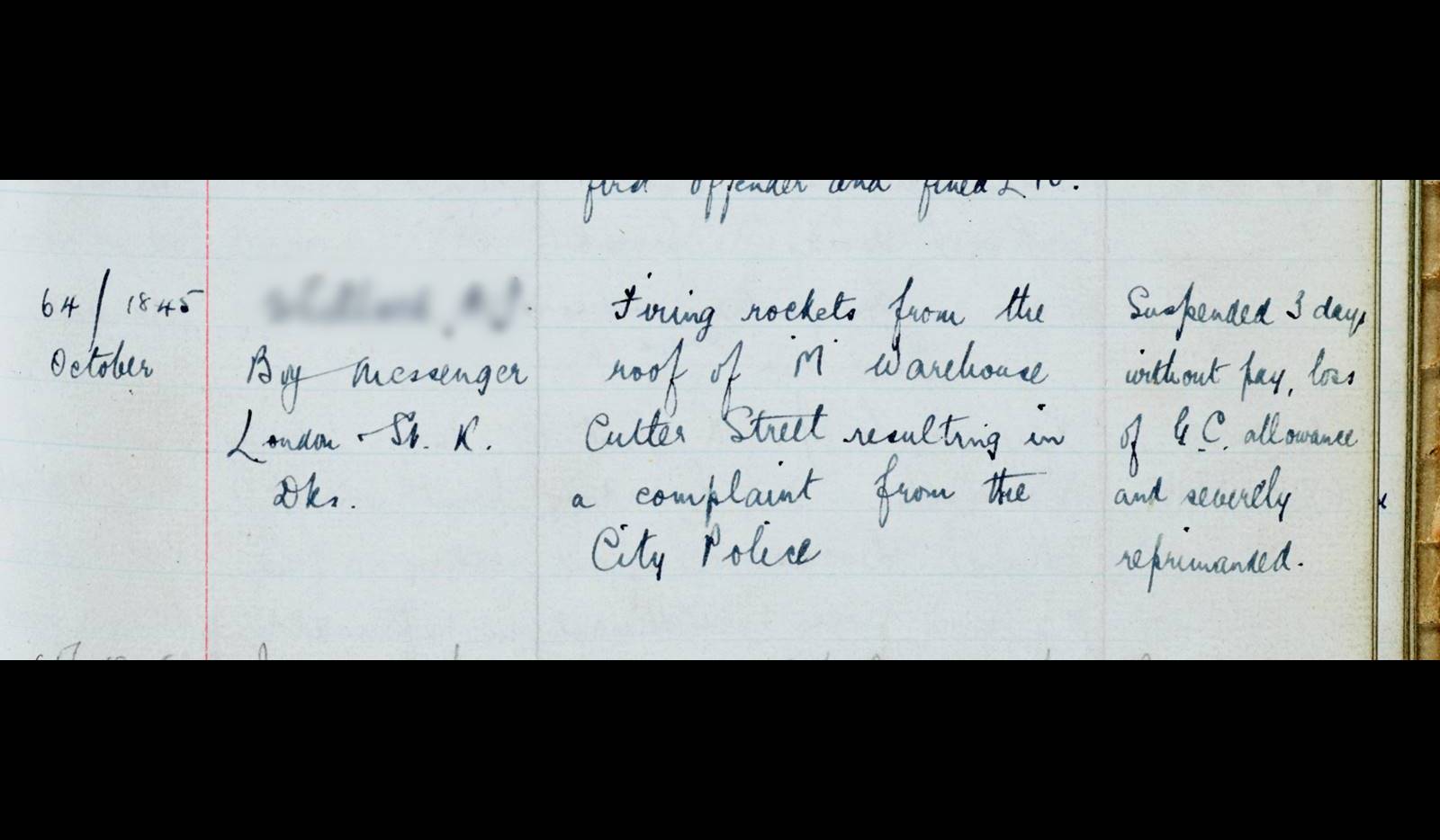 In this July 1903 entry, the person assaulted a hydraulic man and visited the Gallions Hotel during duty hours. He was cautioned, fined and warned. (ID no.: PLA/LIDJC/4/2/1/2)