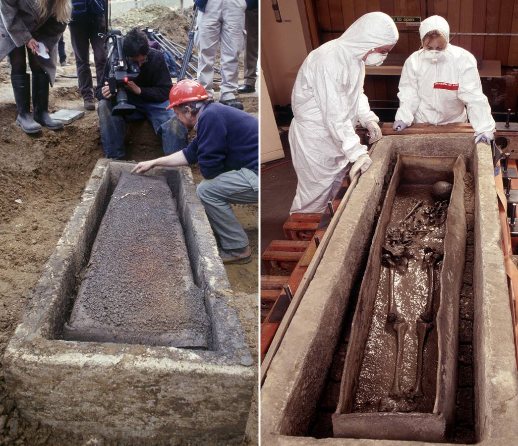The Spitalfields Princess’ sarcophagus at the excavation site (left) and at the museum, after being opened. (Courtesy: Andy Chopping/MOLA)