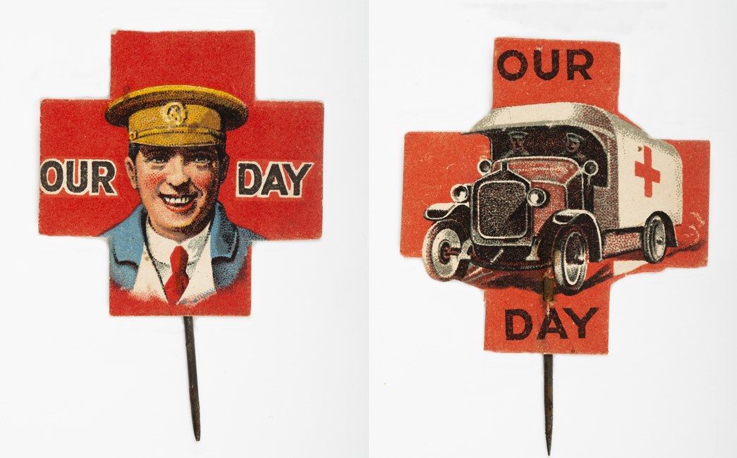 World War I charity lapel flags 

Issued to raise funds for the Red Cross 'Our Day’, 1917. Unknown artist. (Courtesy: British Red Cross Museum)
