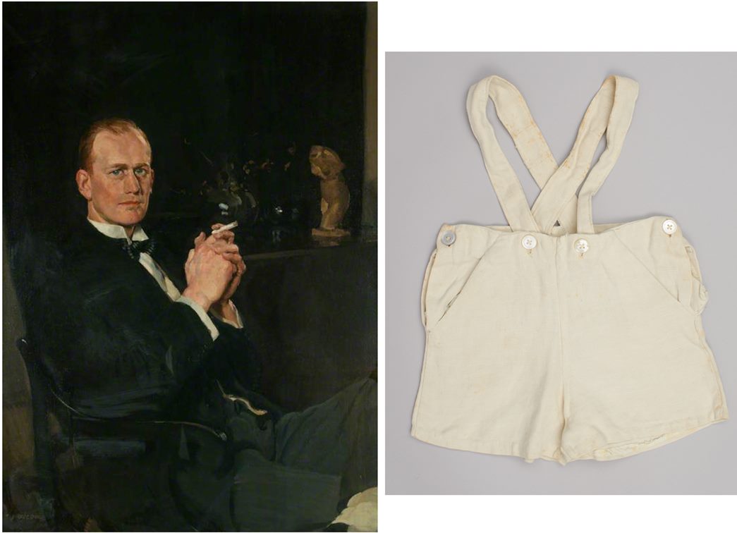 These pair of shorts (right) for four-year-old Mark were made from his uncle Cecil Rowntree’s surgeon’s gown in 1948. (left) Rowntree was a well-known surgeon at the time, artist T.C. Dugdale. (Image courtesy Manchester Art Gallery; ID no.: 2010.2/12)