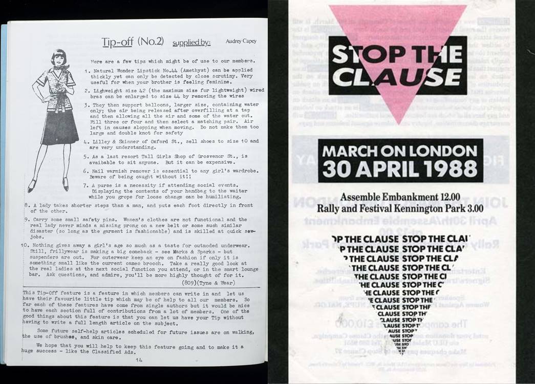(left) A 1976 issue of ‘Beaumont Bulletin’, a magazine for the trans members of the Beaumont Society; and a 1988 flyer related to LGBTQ+ activism against Section 28, mentioned in the book. (ID nos: 83.197; 2004.156/77).