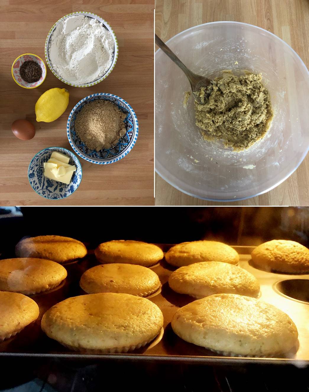 (Clockwise from left) The ingredients based on the original recipe, but down to a quarter; mixing the dry ingredients together to form a batter; and the muffins rising in the oven on baking. (Courtesy: Elizabeth Garnett)