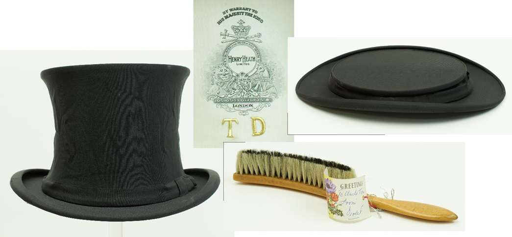 The collapsible top hat, its maker Henry Heath’s label in the lining, and a cleaning brush gifted by the owner’s niece. (ID no.: 82.58/3)