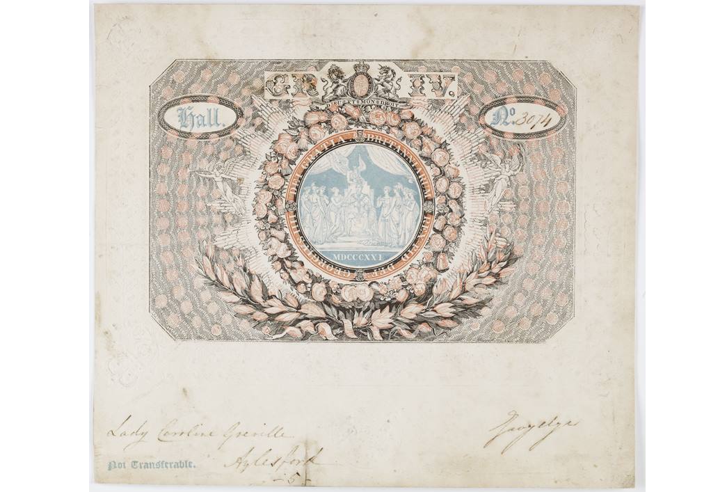 Admission ticket to the Coronation Banquet of George IV
It was issued to Lady Caroline Greville; embossed and printed paper, 1821. (ID no.: 40.53).
