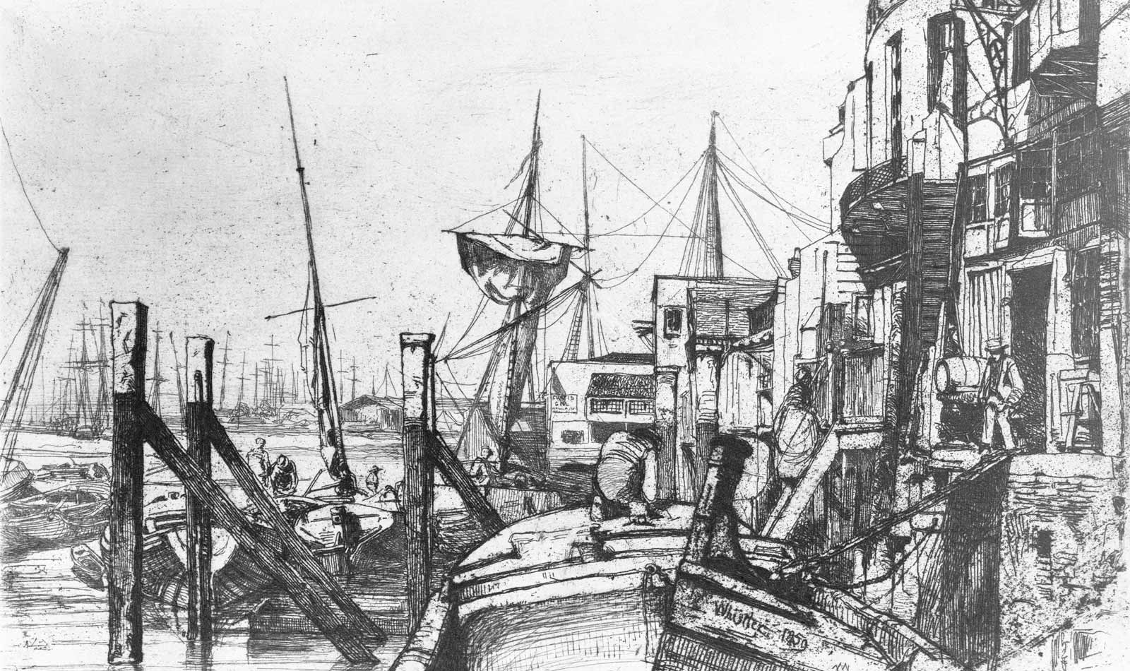 Sketch of the docks at Limehouse, London, mid-19th century.