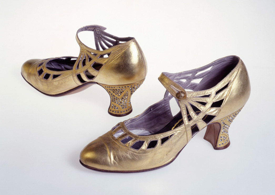 Gold leather evening shoes with grey kid lining and brown leather insole. The Louis heels are decorated with small diamantes and gold beads in geometric pattern.