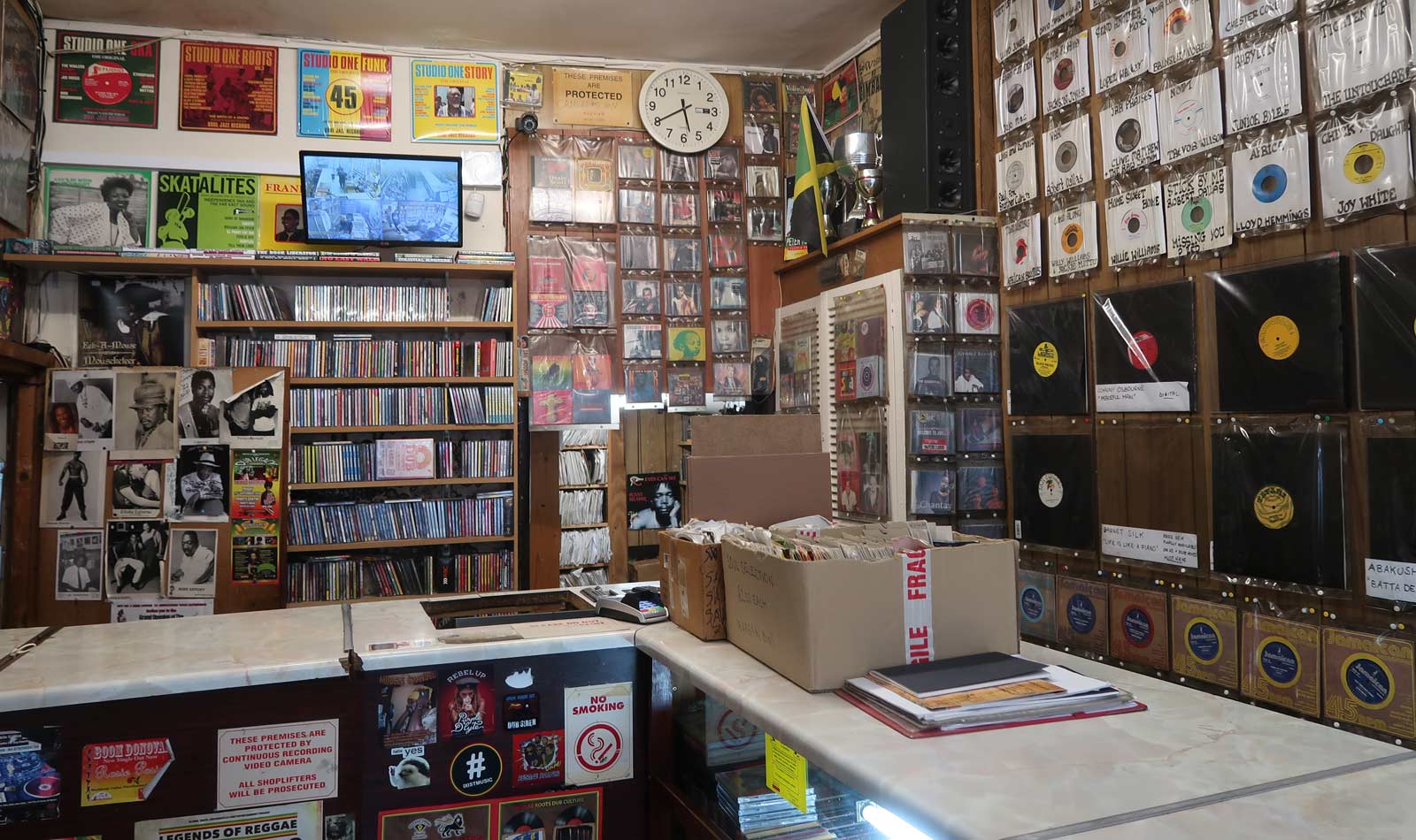 A view of the interior of a dub reggae record store in Brixton.