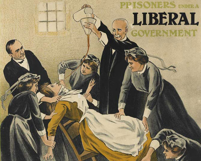 Excerpt from a political poster showing force-feeding of Suffragette prisoners.