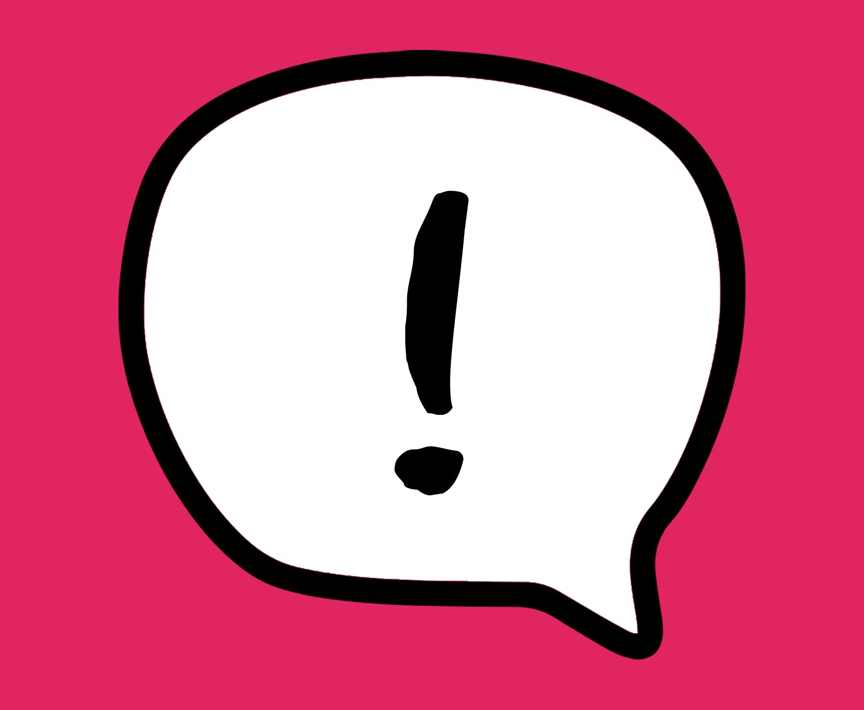 An exclamation mark sits in a speech bubble against a colourful background.