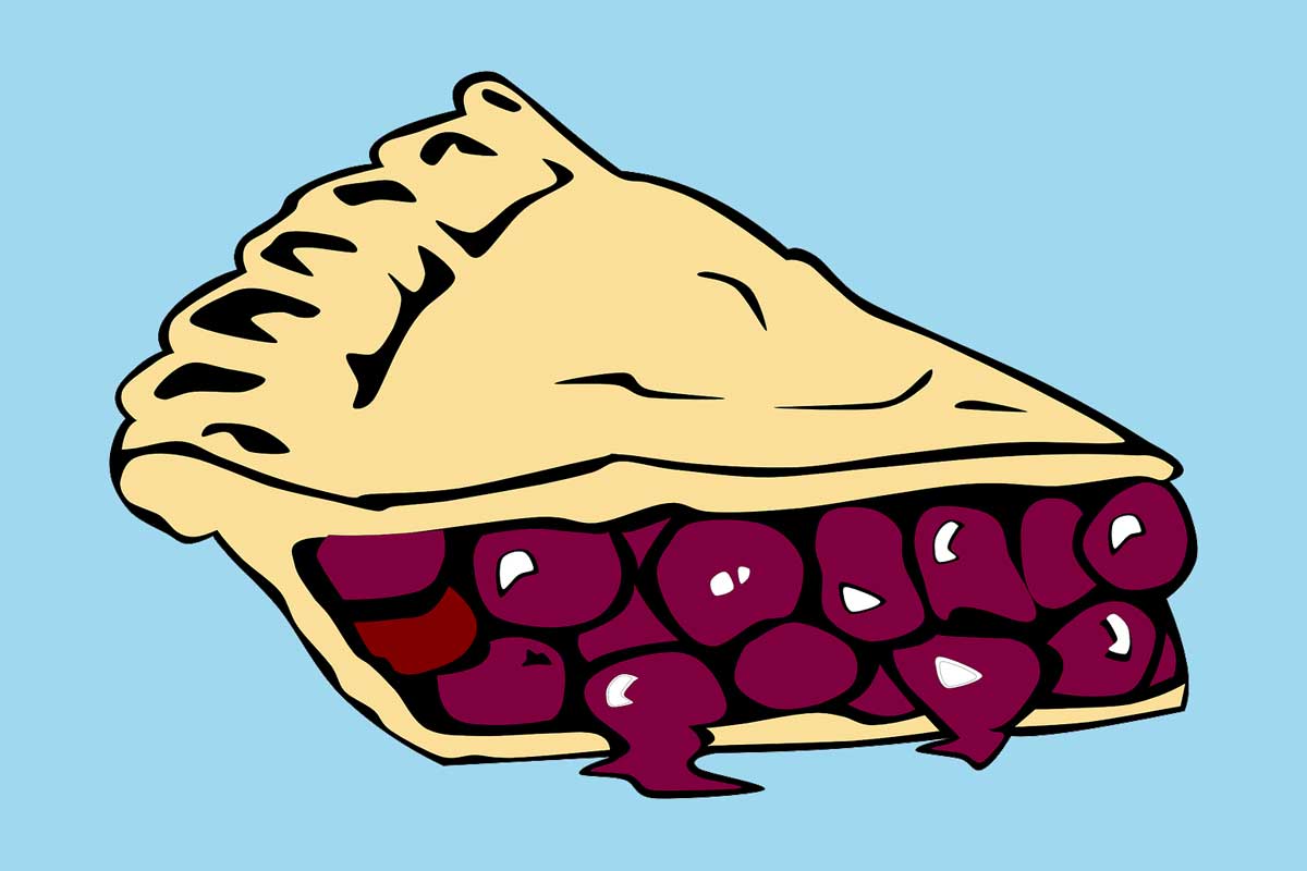 Illustration of a slice of pie with purple berries inside against a blue background.