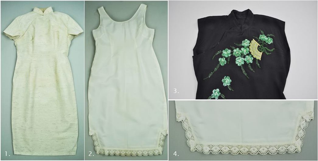 (from left) Cream cheongsam, a matching petticoat, details of the black beaded cheongsam and the lace hem for the petticoat
