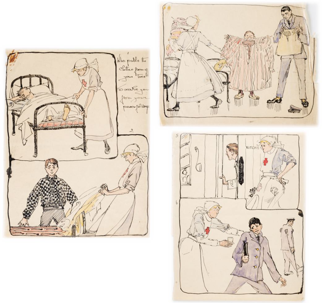 Sketches by Joyce Dennys 

The drawings show a VAD nurse at work in a hospital, 1914-18. (Courtesy: British Red Cross Museum)
