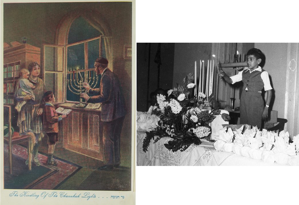 (left) ‘Kindling of the Chanukah Lights’ by Josef Schlesinger; and a photograph showing a boy lighting a candle at a Hanukkah party in Aden during the 1950s or 1960s. (1357.8; 619.4 / E22-1; courtesy Jewish Museum London)