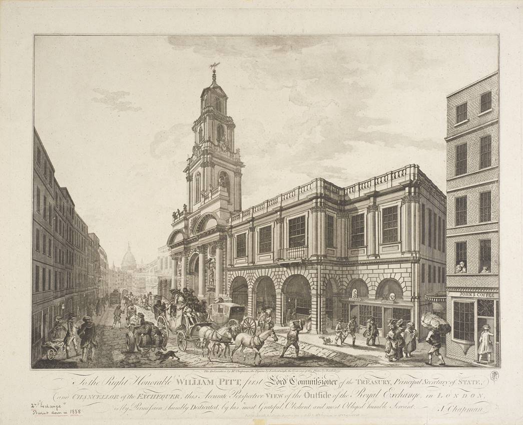 After the first Royal Exchange building burnt down in the Great Fire of 1666, the second Royal Exchange in Cornhill was designed by Edward Jarman and opened in 1669. It burnt down in 1838. Bartolozzi, 1760. (ID no.: A18116)