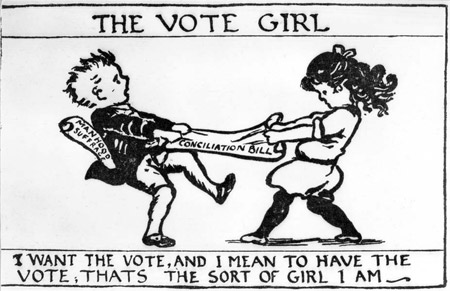 Pro-suffrage propaganda postcard captioned 'The Vote Girl'. The postcard refers to suffrage determination to get the Conciliation Bill through Parliament.


