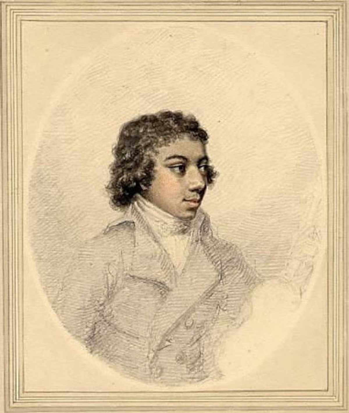 This pencil and watercolour portrait shows a young Bridgetower looking to the left, with three quarters of his face shown. © The Trustees of the British Museum / CC BY-NC-SA 4.0