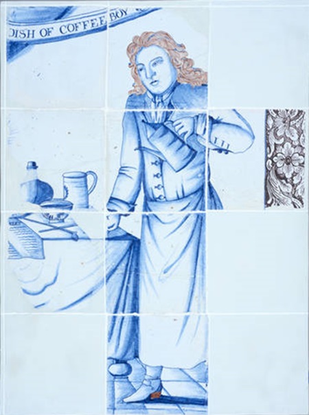 Blue and white ‘Delftware’ tiles from a London coffee-house, c.1700. (ID No.: 7143)