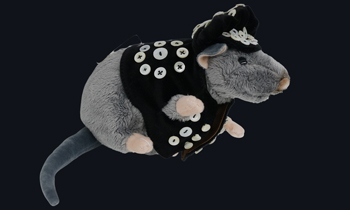 A photo of a cuddly rat toy wearing a Pearly King outfit.