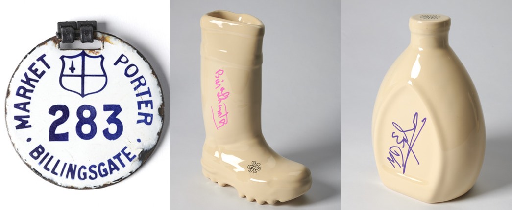 Billingsgate Market souvenirs 
3D-printed ceramic replicas of a Billingsgate Market porter’s badge, a boot and a flask. (ID no.: 2023.11) 
