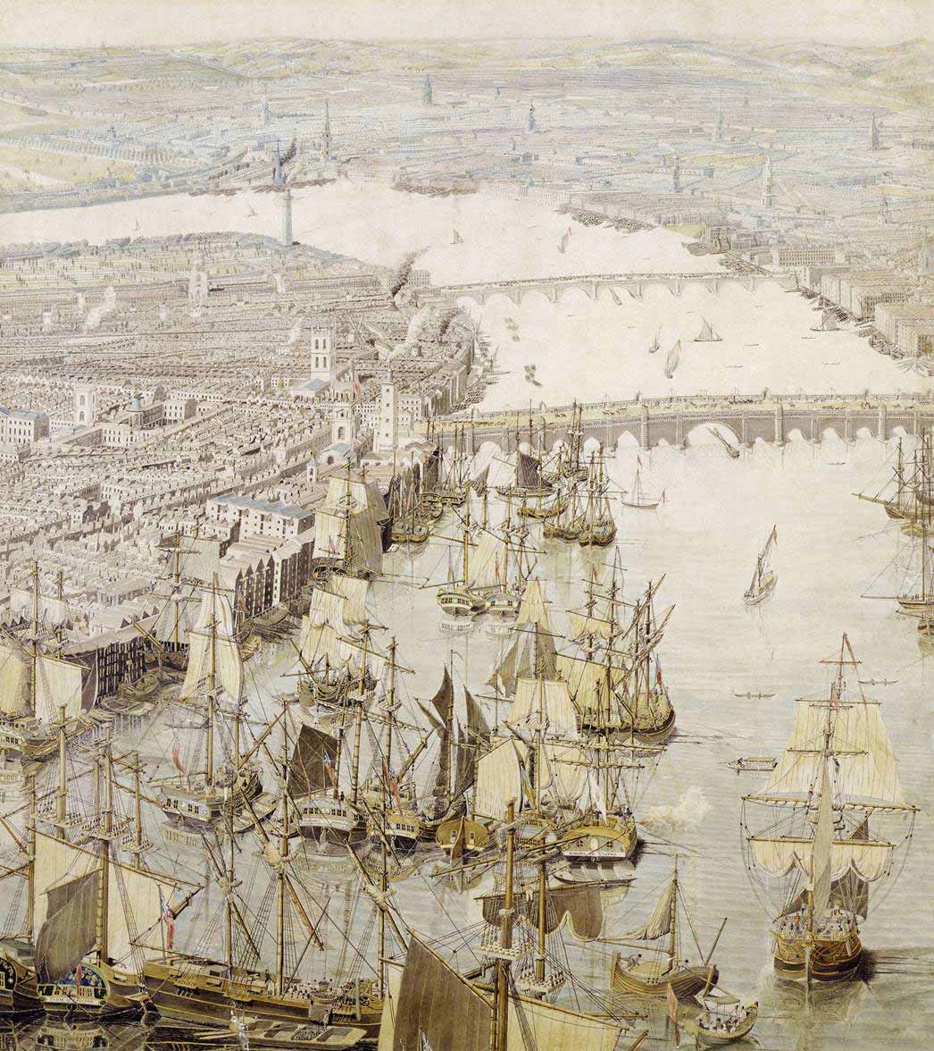 A closer look at the Rhinebeck Panorama showing London Bridge and shipping and Bermondsey wharves. (ID no.: 98.57/2)