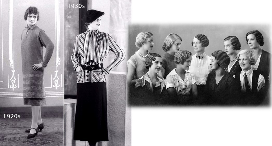 While the 1920s had been about vertical and horizontal lines (left), the 1930s were all about diagonals (right). Waved hair replaced the straight bob of the 1920s, as can be seen with these women modelling for the hairdresser Eugène in 1932. (ID nos: IN10941; IN12288; IN1180)