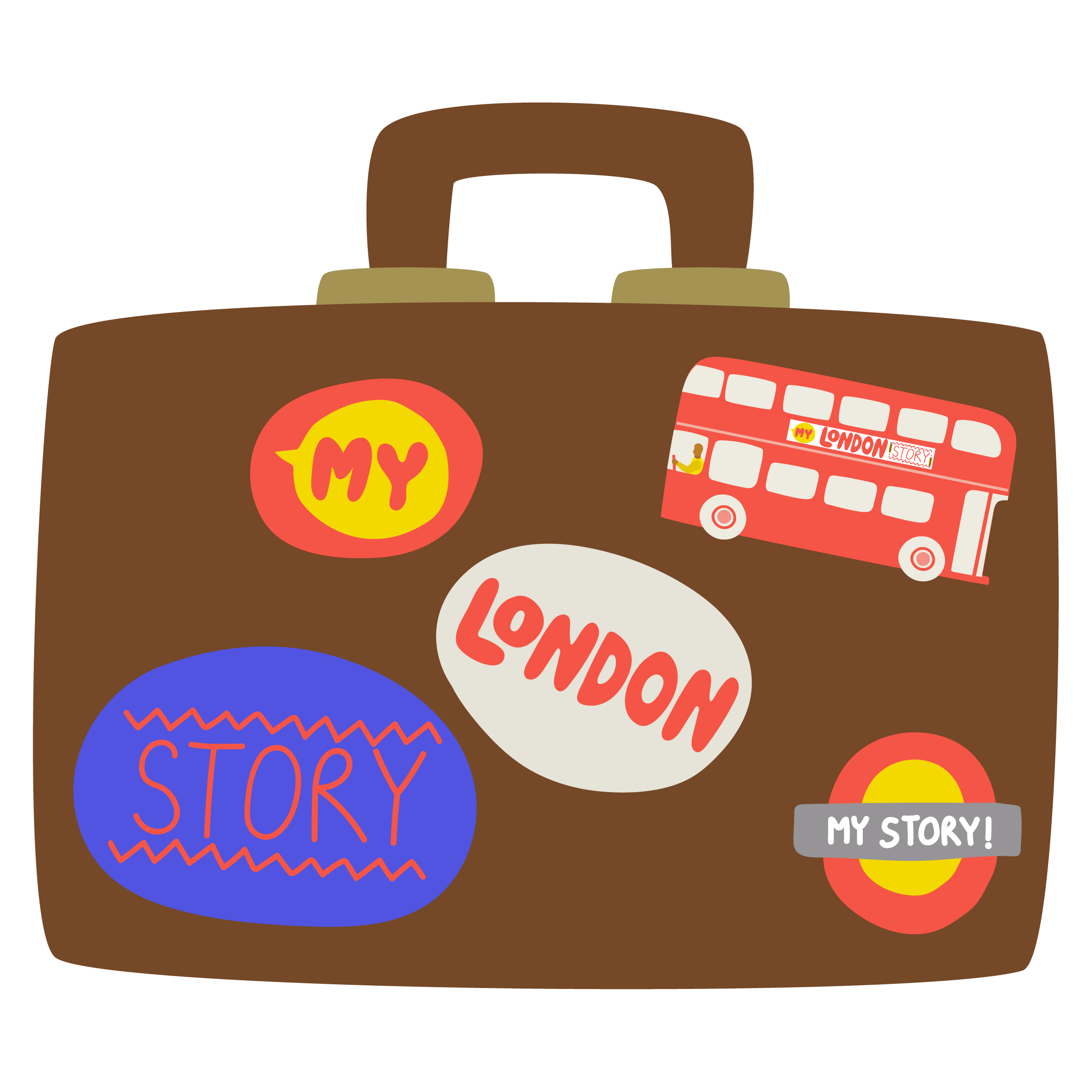 animated illustration of suitcases with labels saying My London Story