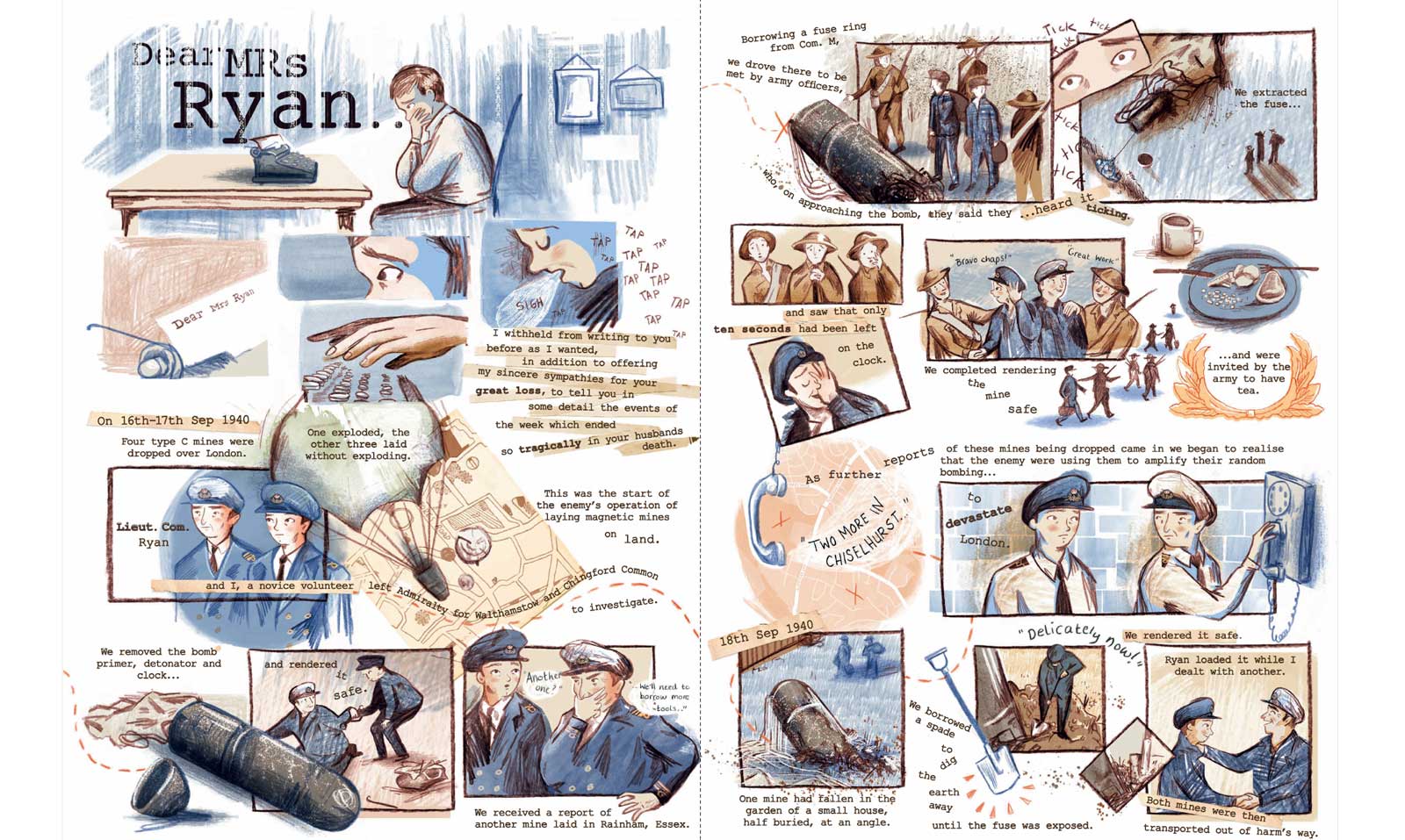 A two-page spread of a colourful illustrated story showing men in military uniform and bombs being defused.