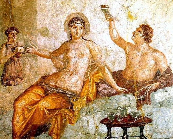 Wall painting depicting a banquet. The whole scene represents an idealized Greek drinking party, a pleasurable sight for the guests of this first century Roman household. (Museo Archeologico Nazionale di Napoli/Wikimedia Commons)