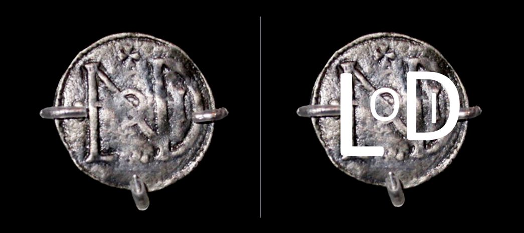 ‘London Monogram type’ silver halfpenny, c.880–886. Can you spot the A and V in the coin on the left as well? (ID no.: BUF90[3234]<1435>)  