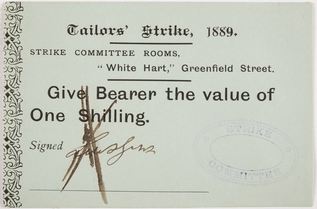 Tailors’ strike, 1889, food coupon
The Strike Committee raised funds to support the striking workers and provide them with essential food, issued in the form of food coupons such as this one. (ID no.: 78.350/3b) 
